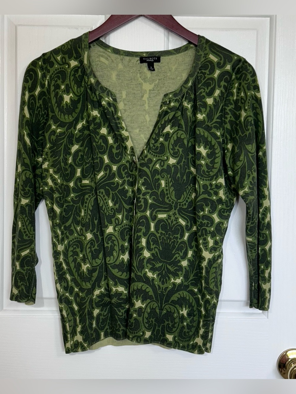 Talbots Verdant Damask Silk Blend Button Cardigan Sweater Small
